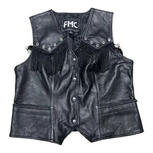 FMC Black Leather Motorcycle Biker Vest Large Harley Davidson Patch Women Fringe